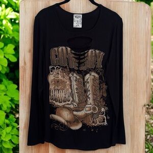Vocal Black Distressed Cowboy Rodeo Rhinestoned Super Soft‎ Long Sleeve Size L